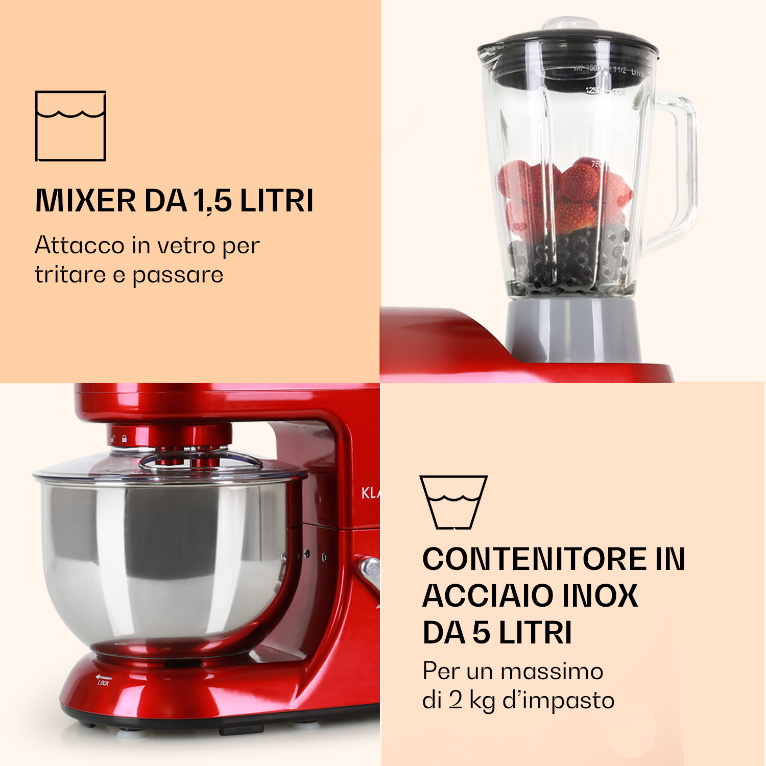 Impastatrice rossa con frullatore in vetro da 1,5L e ciotola da 5L.