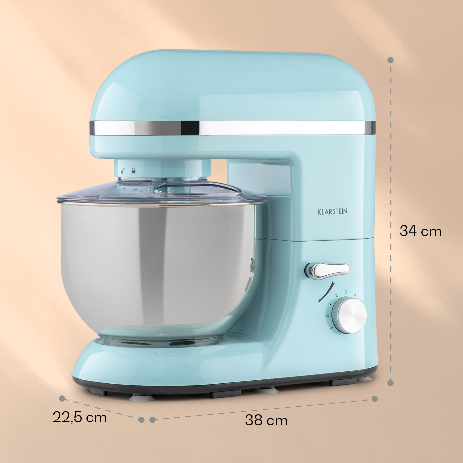 Un'impastatrice planetaria azzurra con ciotola e coperchio in acciaio inox. Dimensioni indicate.