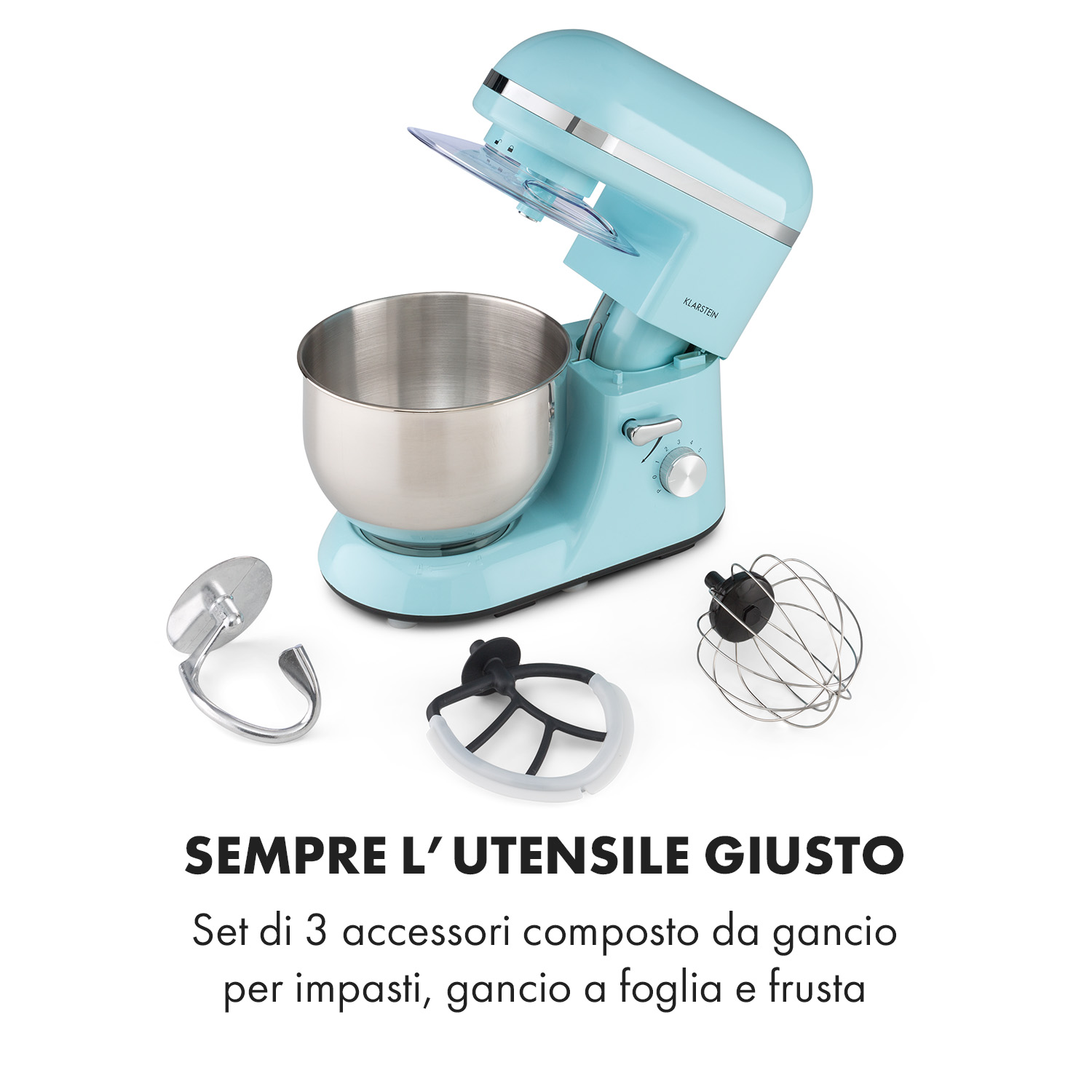 Un robot da cucina azzurro con ciotola in acciaio inox e tre accessori.