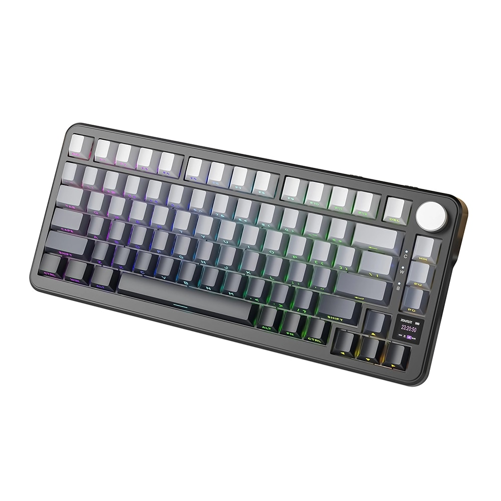 RGB arka aydınlatmalı ve dijital ekranlı koyu gri mekanik klavye.