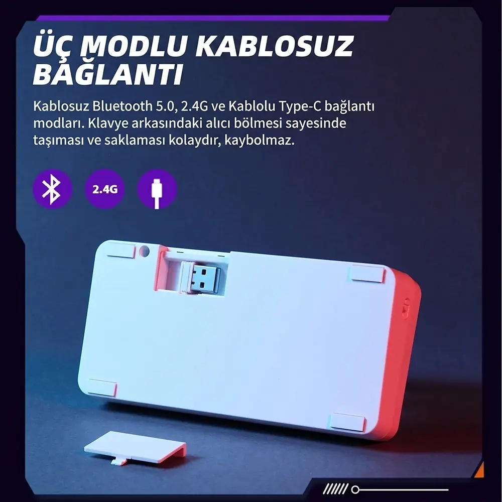 Arkada USB alıcı bölmeli beyaz klavye. Bluetooth, 2.4G ve USB-C bağlantı.