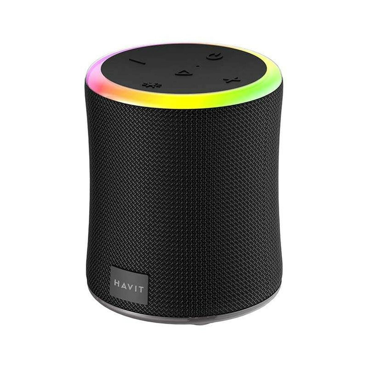Altoparlante nero con anello luminoso LED arcobaleno e logo Havit.