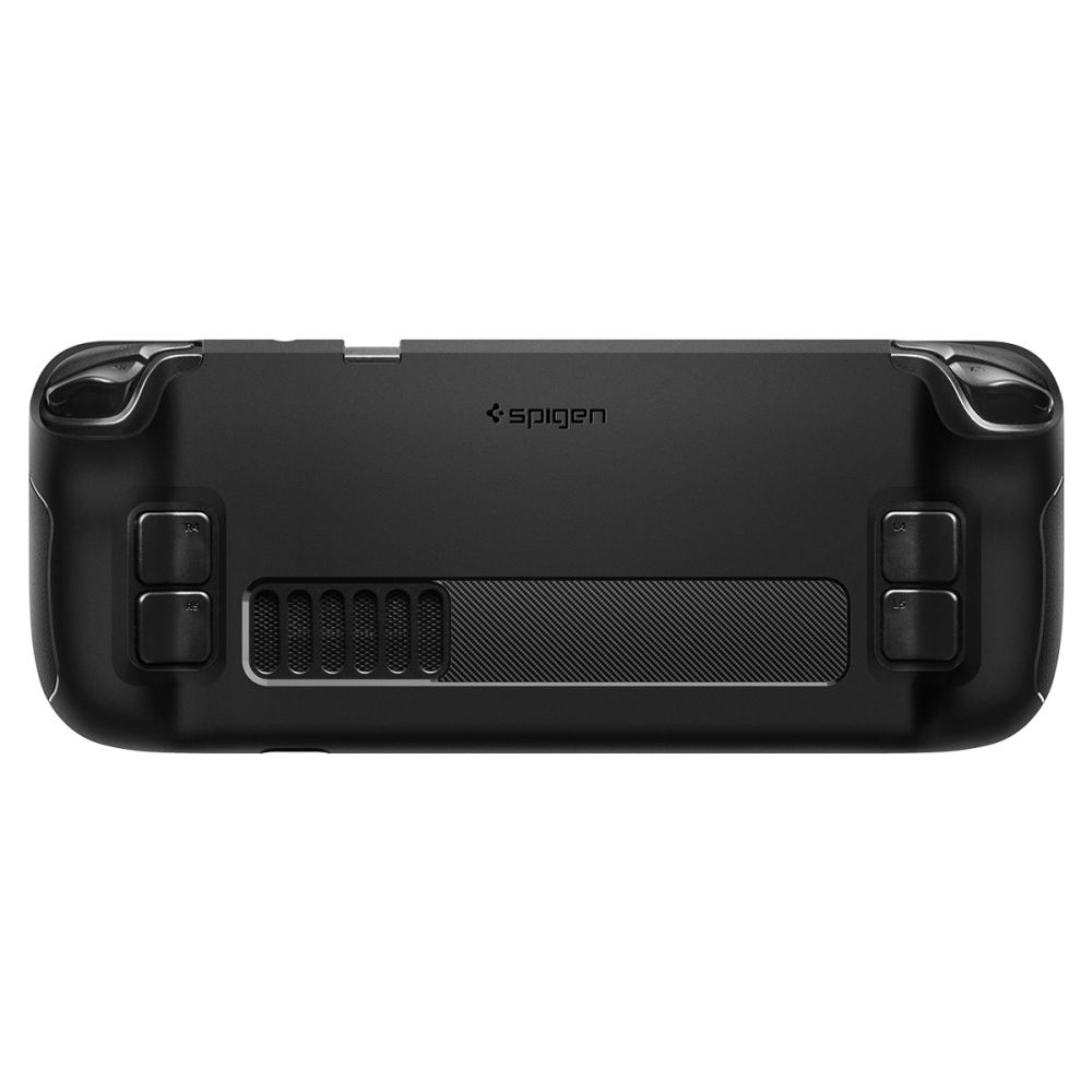 Custodia nera per dispositivo portatile con logo Spigen e prese d'aria.