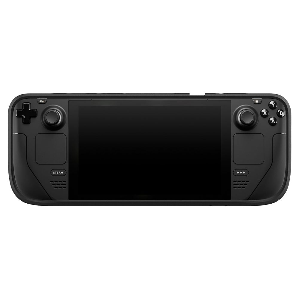 Un dispositivo portatile da gioco nero con schermo grande e pulsanti di controllo.
