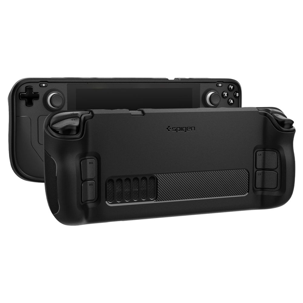 Custodia Spigen nera su dispositivo da gioco nero, con pulsanti e prese d'aria.