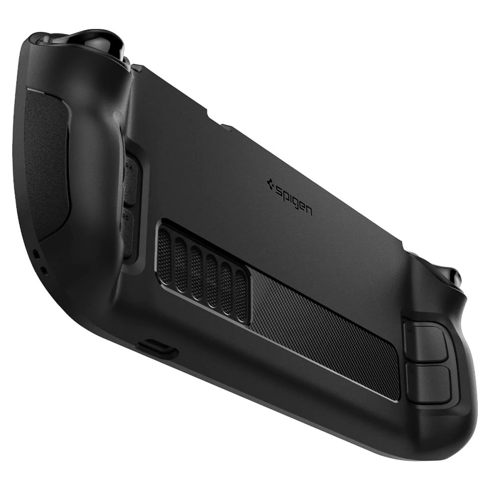 Custodia Spigen nera su un dispositivo da gioco, con impugnatura testurizzata e prese d'aria.