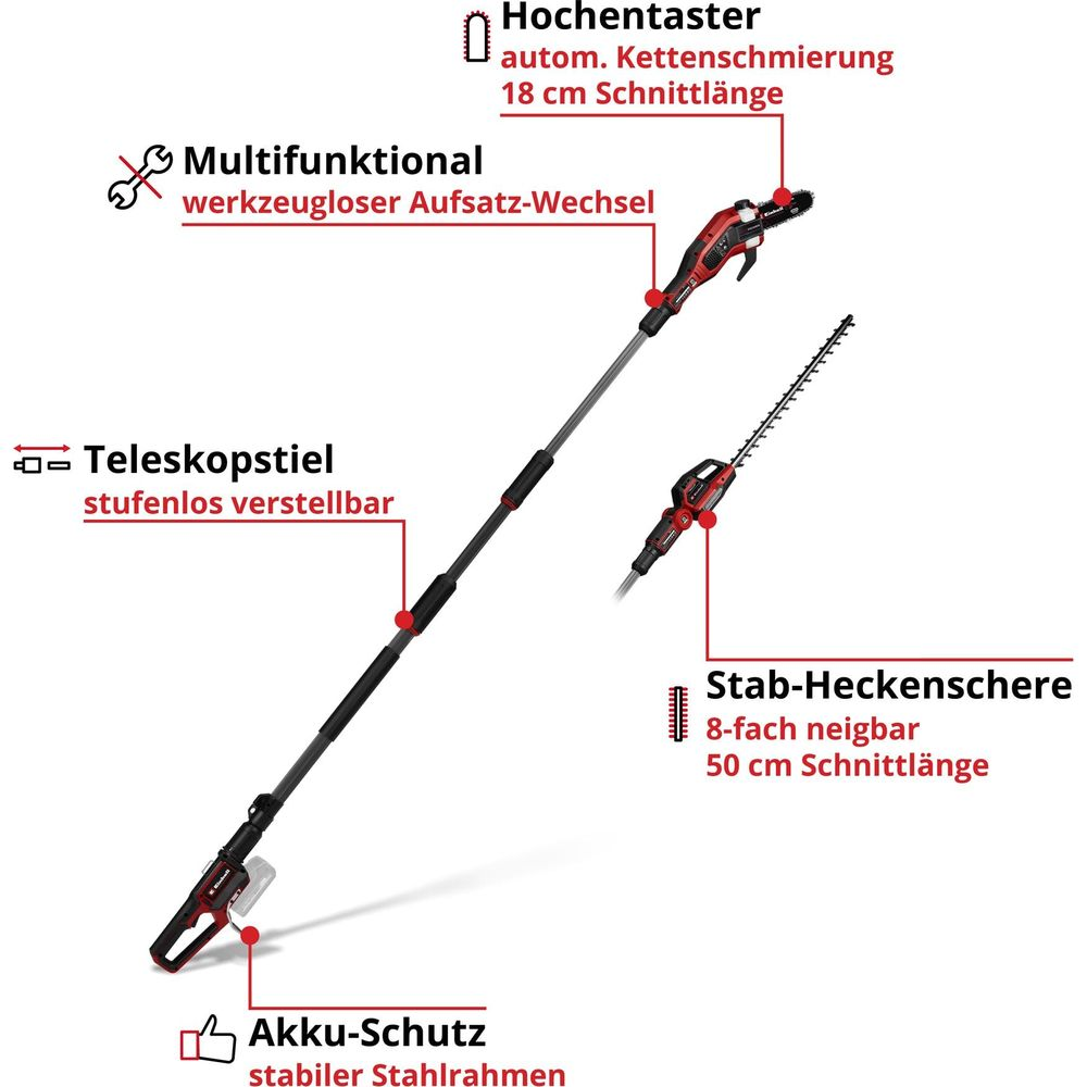 Ein Werkzeug mit Teleskopstiel, Hochentaster und Heckenschere.