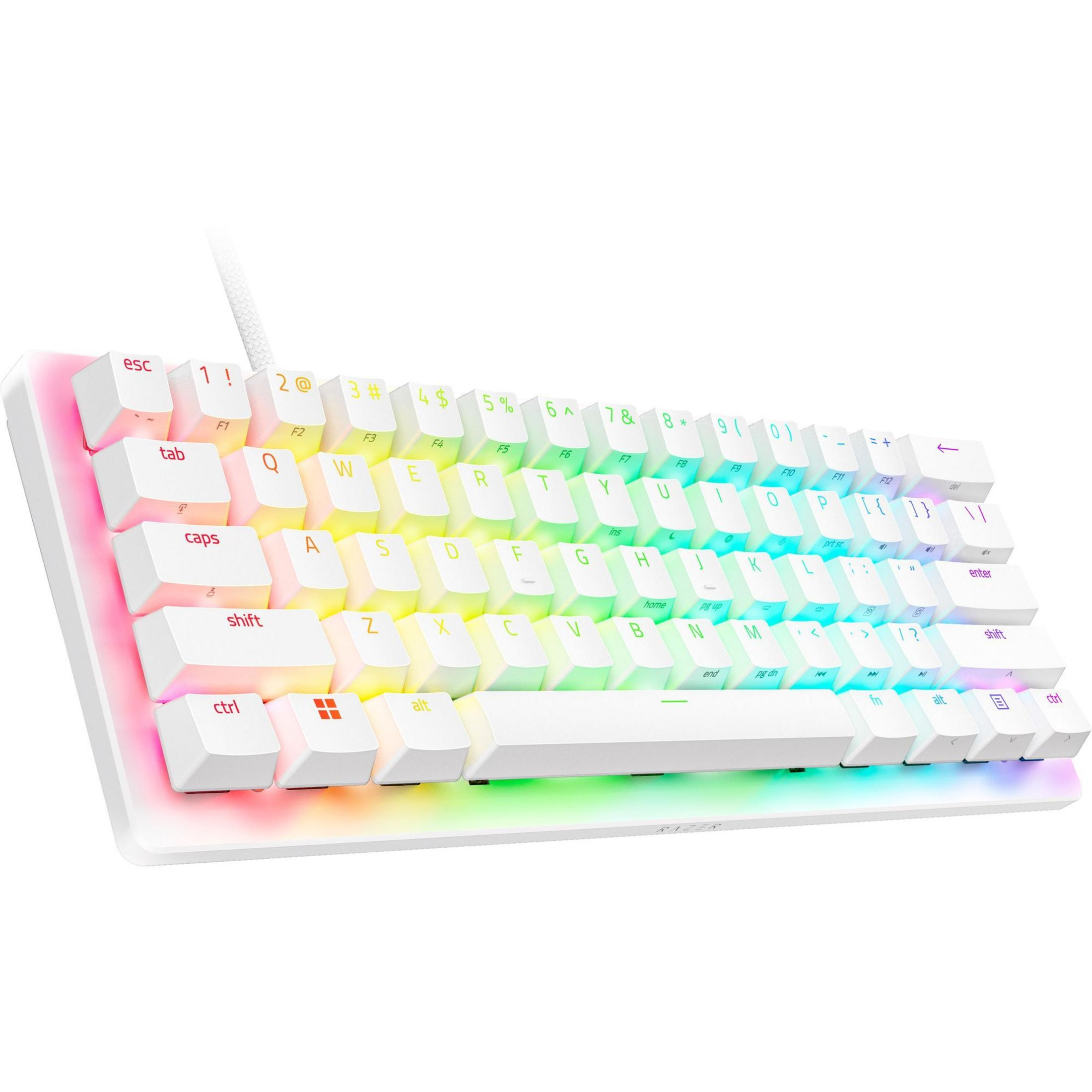 Eine weiße Tastatur mit RGB-Beleuchtung und beschrifteten Tasten.