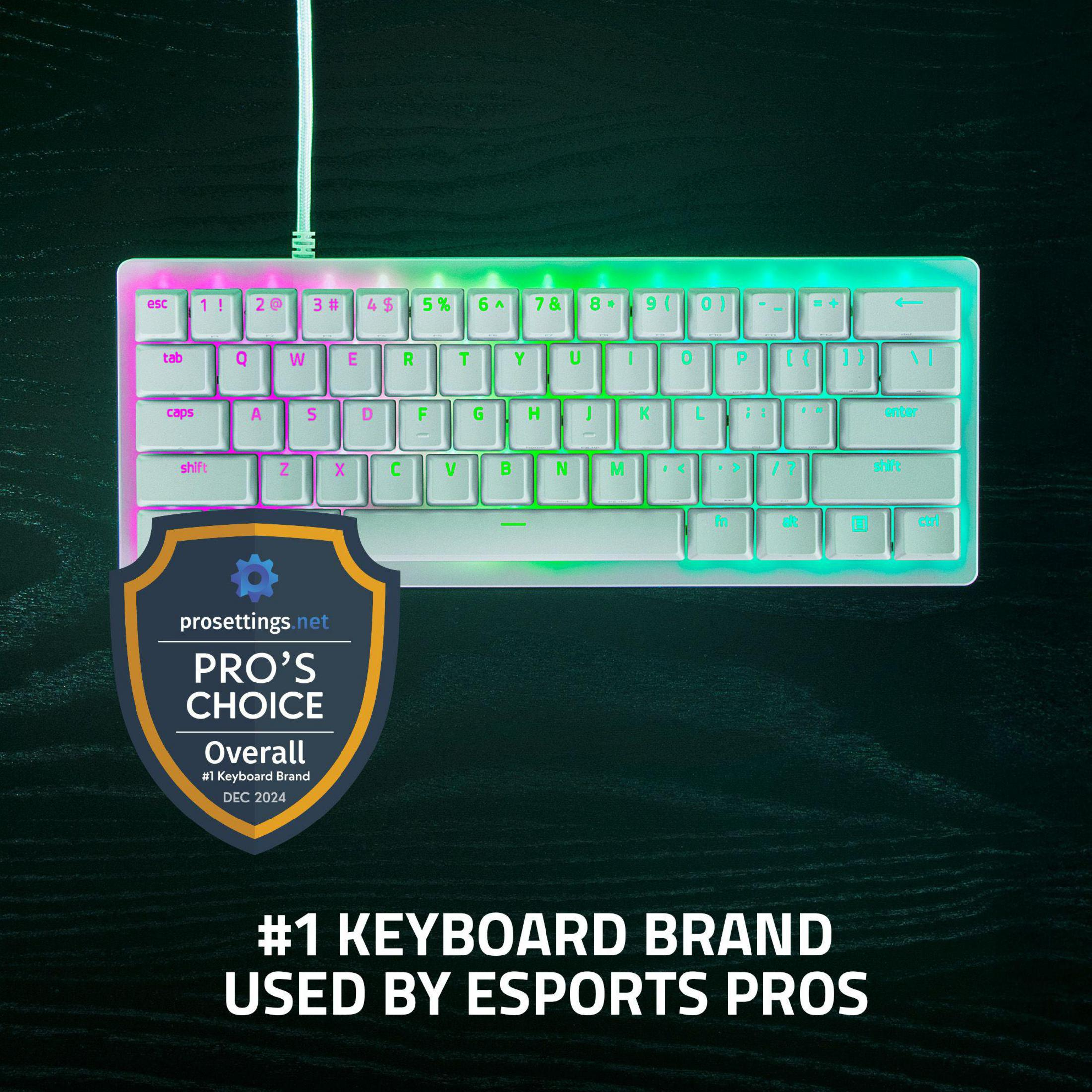 Eine weiße Tastatur mit RGB-Beleuchtung auf dunklem Hintergrund.
