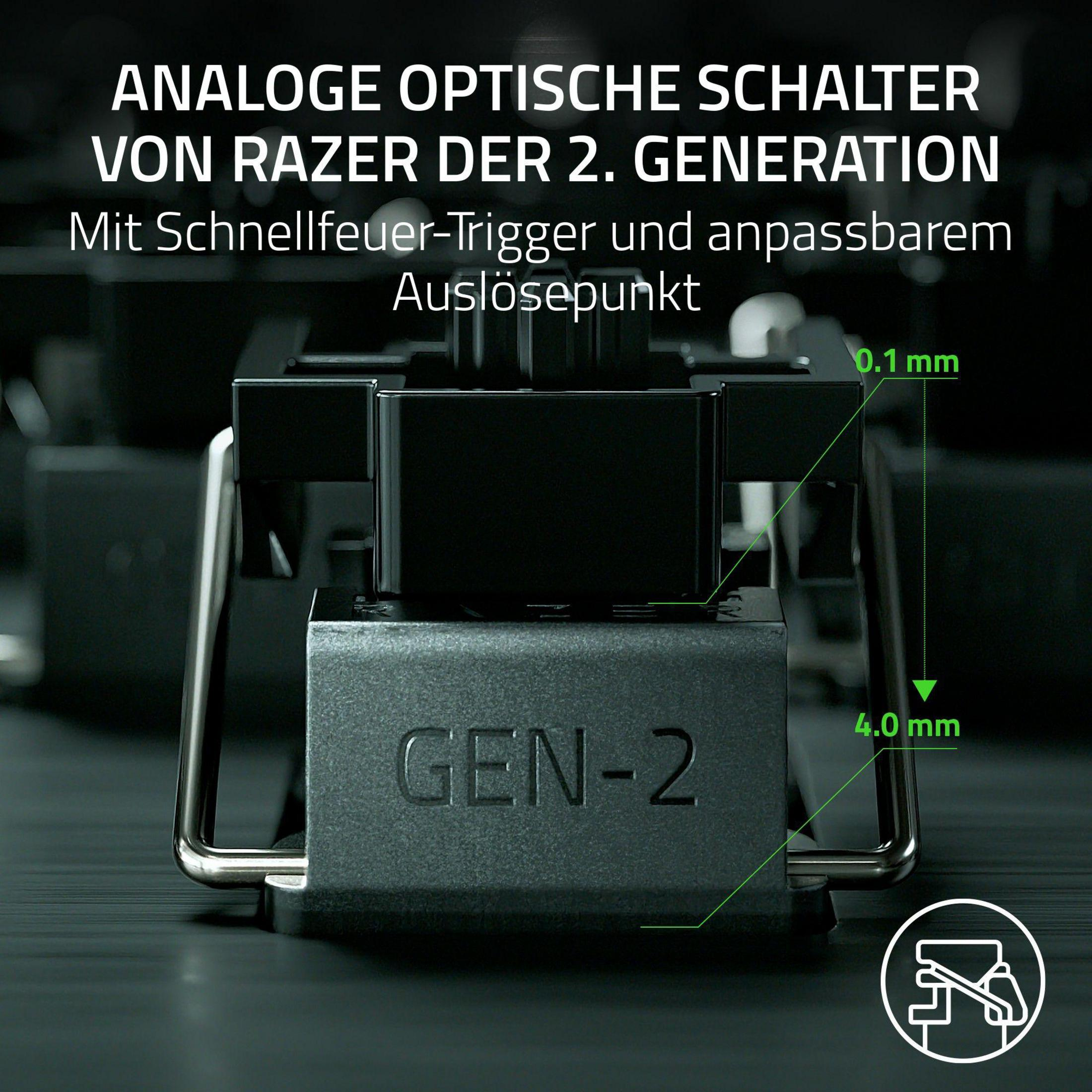 Razer optischer Schalter Gen 2 mit 0,1mm und 4,0mm Spezifikationen.