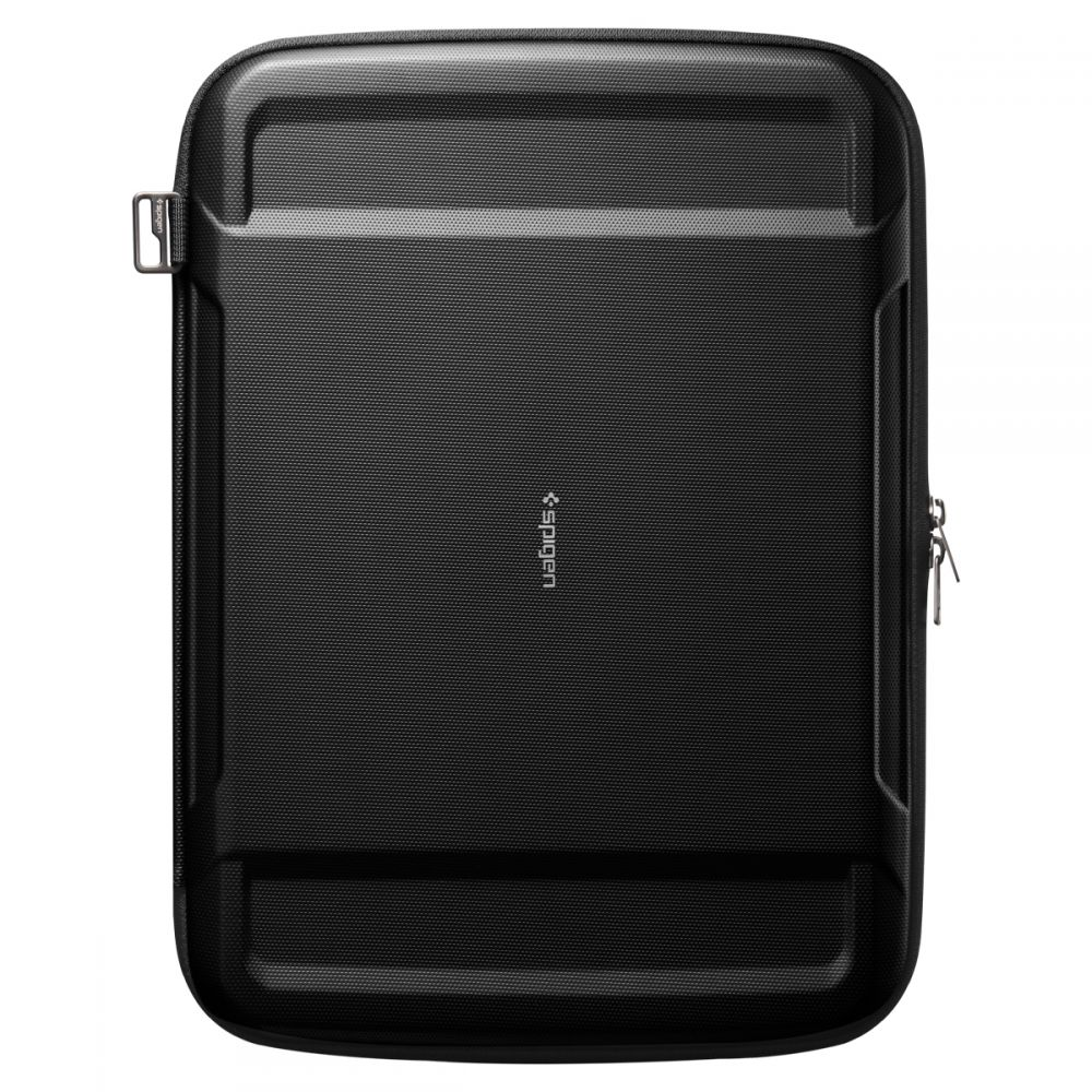 Custodia Spigen nera con superficie testurizzata e chiusura a zip.