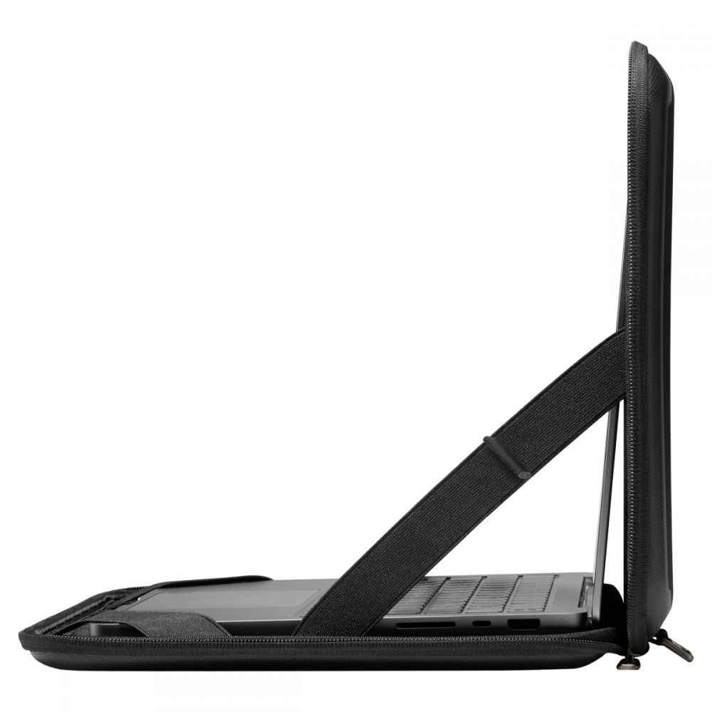 Un laptop nero in una custodia nera che funge da supporto.