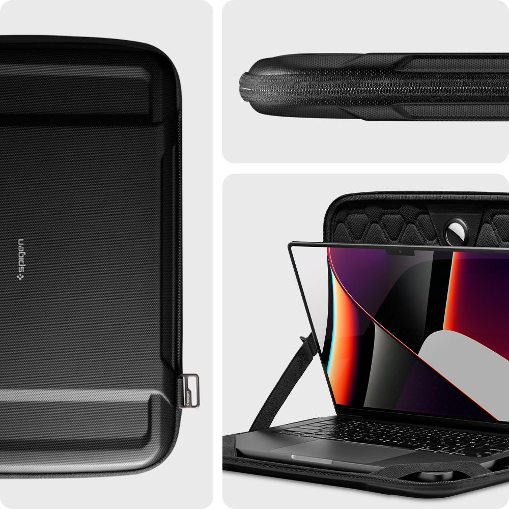 Custodia nera per laptop, scomparto aperto con laptop, primo piano della cerniera.