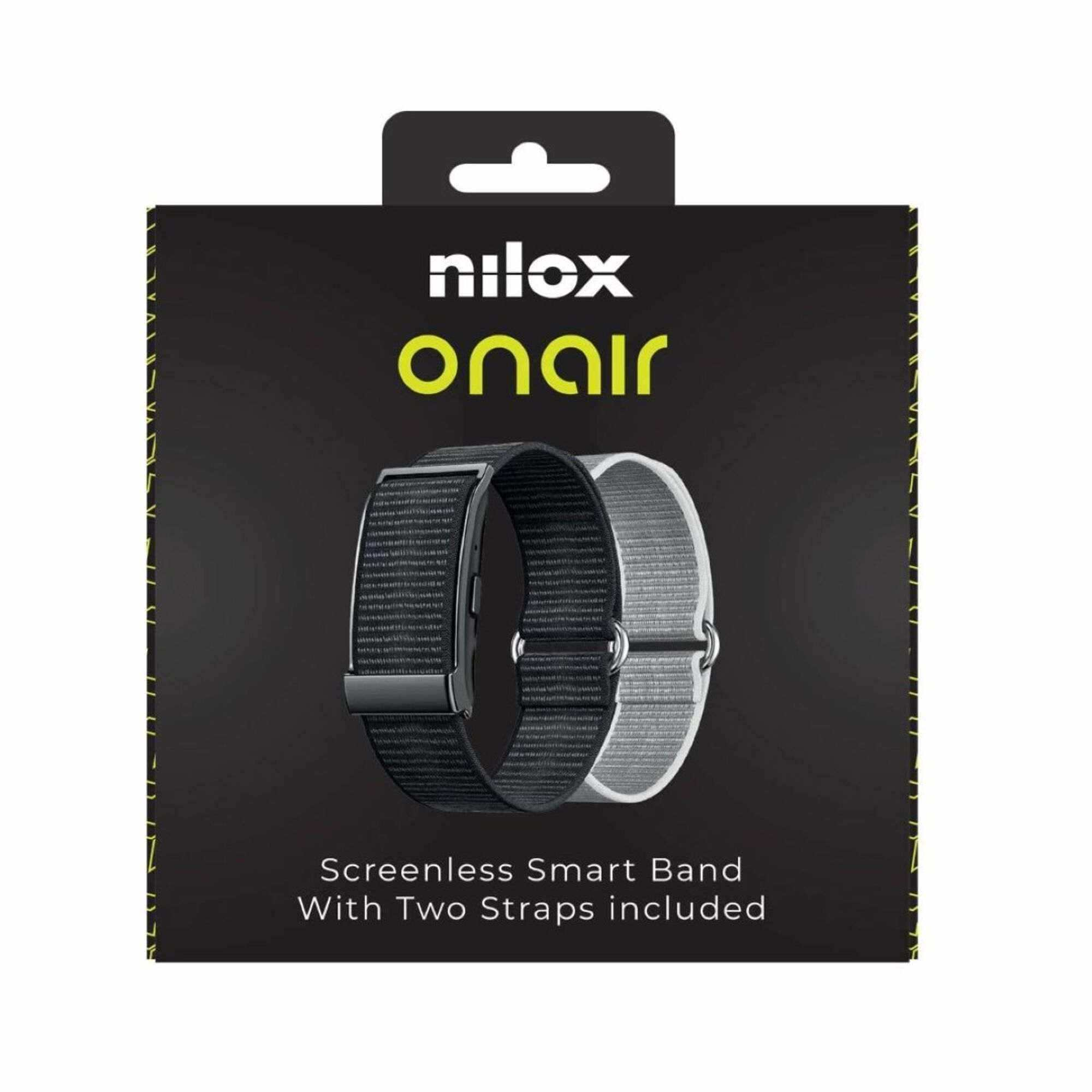 Nilox Onair Akıllı Bant ambalajı, siyah ve gri kayışlar gösteriliyor.