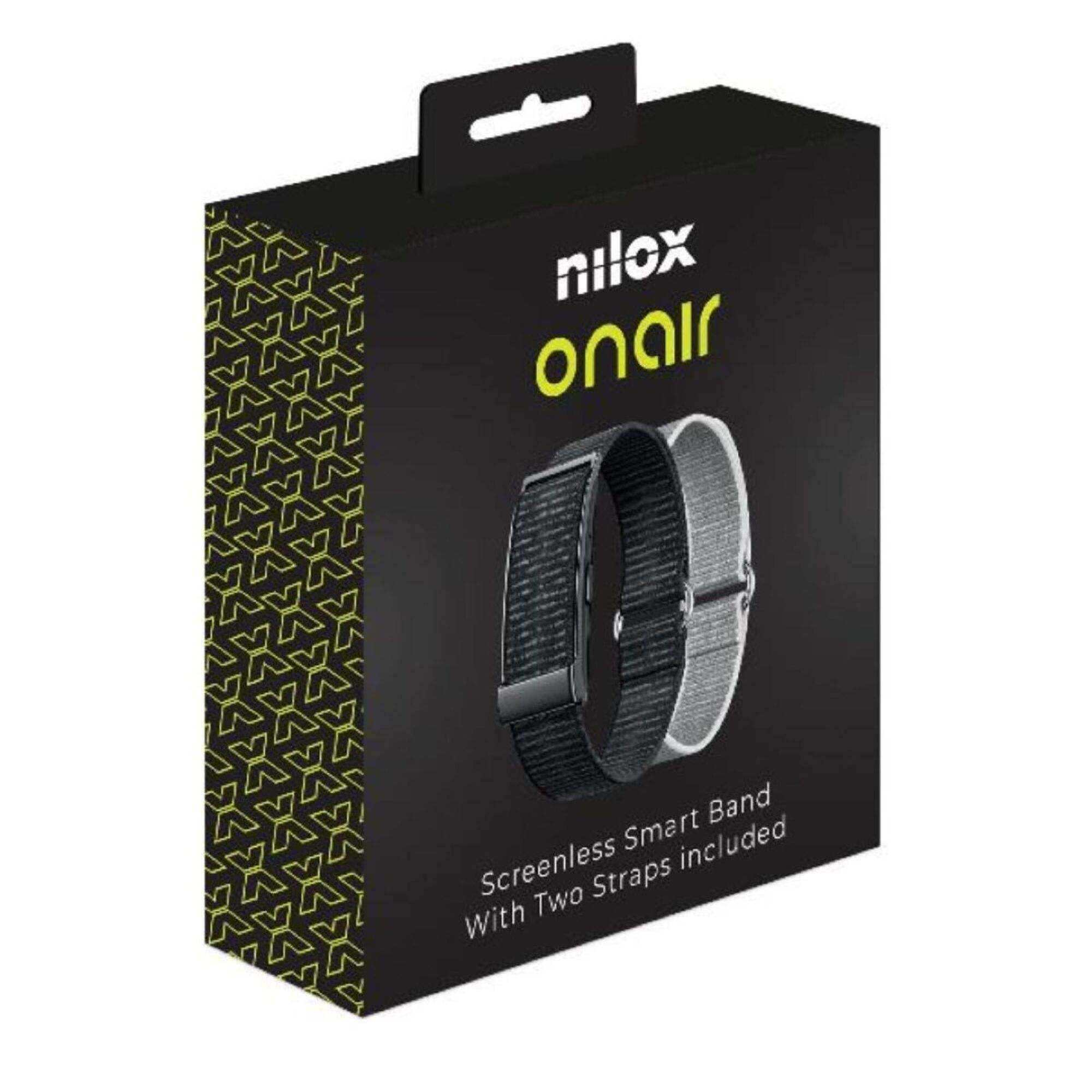 Nilox Onair Akıllı Bileklik kutusu, siyah ve gümüş kordonlar.