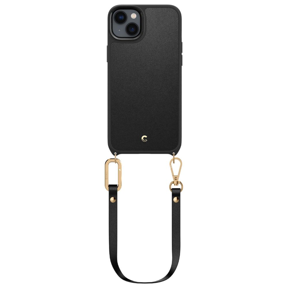 iPhone nero con cinturino in pelle nera e hardware dorato su sfondo bianco.