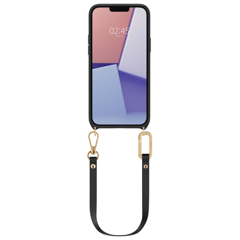 Uno smartphone nero con cinturino e hardware dorato pende.