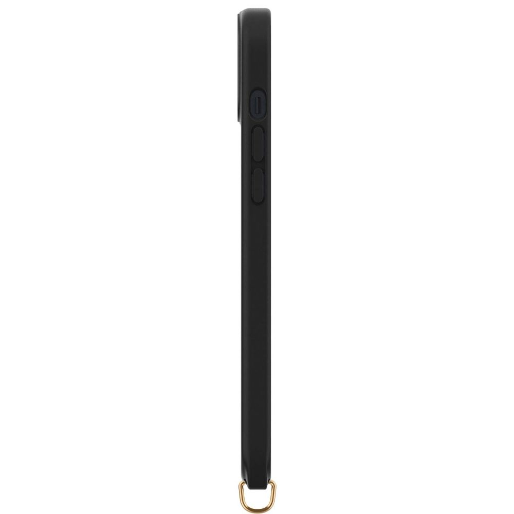 Custodia nera per telefono con anello argentato e pulsanti di profilo.