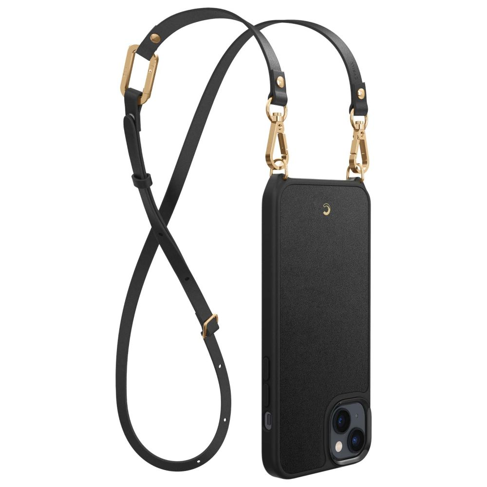 Custodia nera per telefono con cinturino in pelle e hardware dorato, su sfondo bianco.