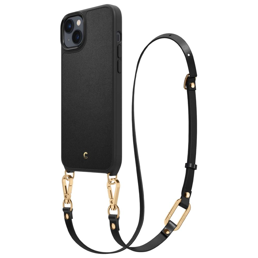 Custodia nera per telefono con cinturino nero e finiture dorate.