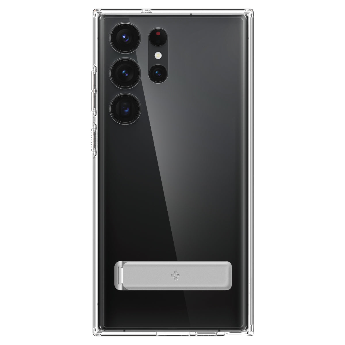 Uno smartphone nero in custodia trasparente con cavalletto argentato.