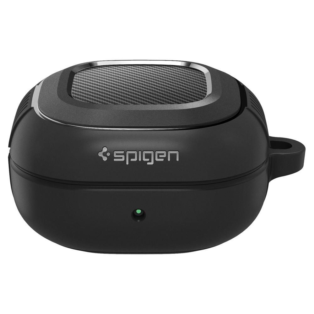 Custodia Spigen nera con motivo in fibra di carbonio in alto e spia verde.