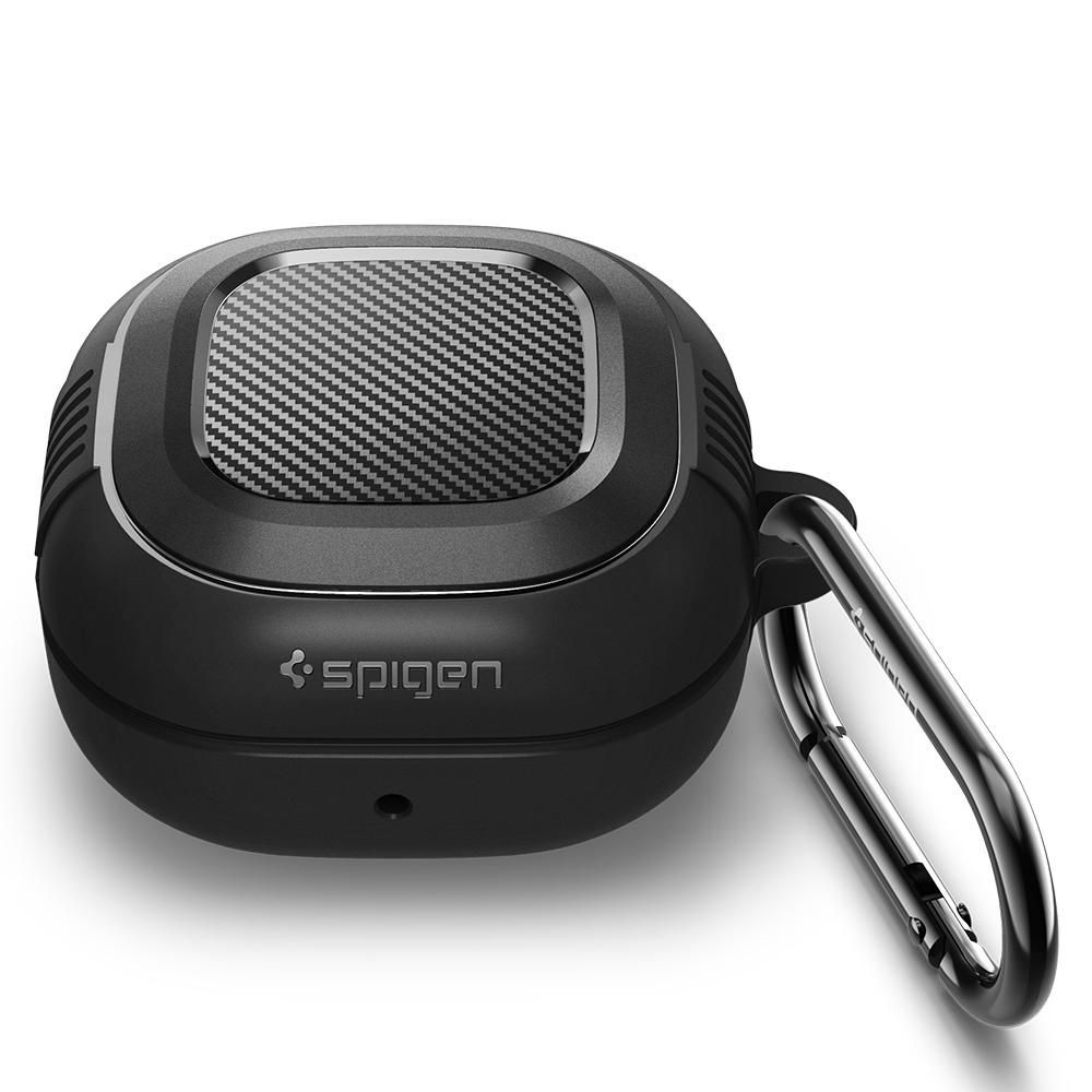 Custodia Spigen nera con parte superiore in carbonio e moschettone.