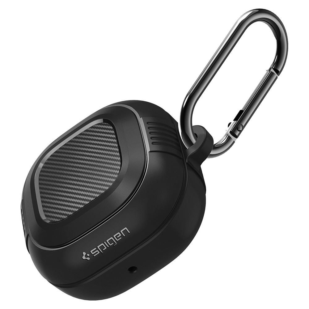 Custodia nera con motivo carbonio e clip a moschettone argentata.