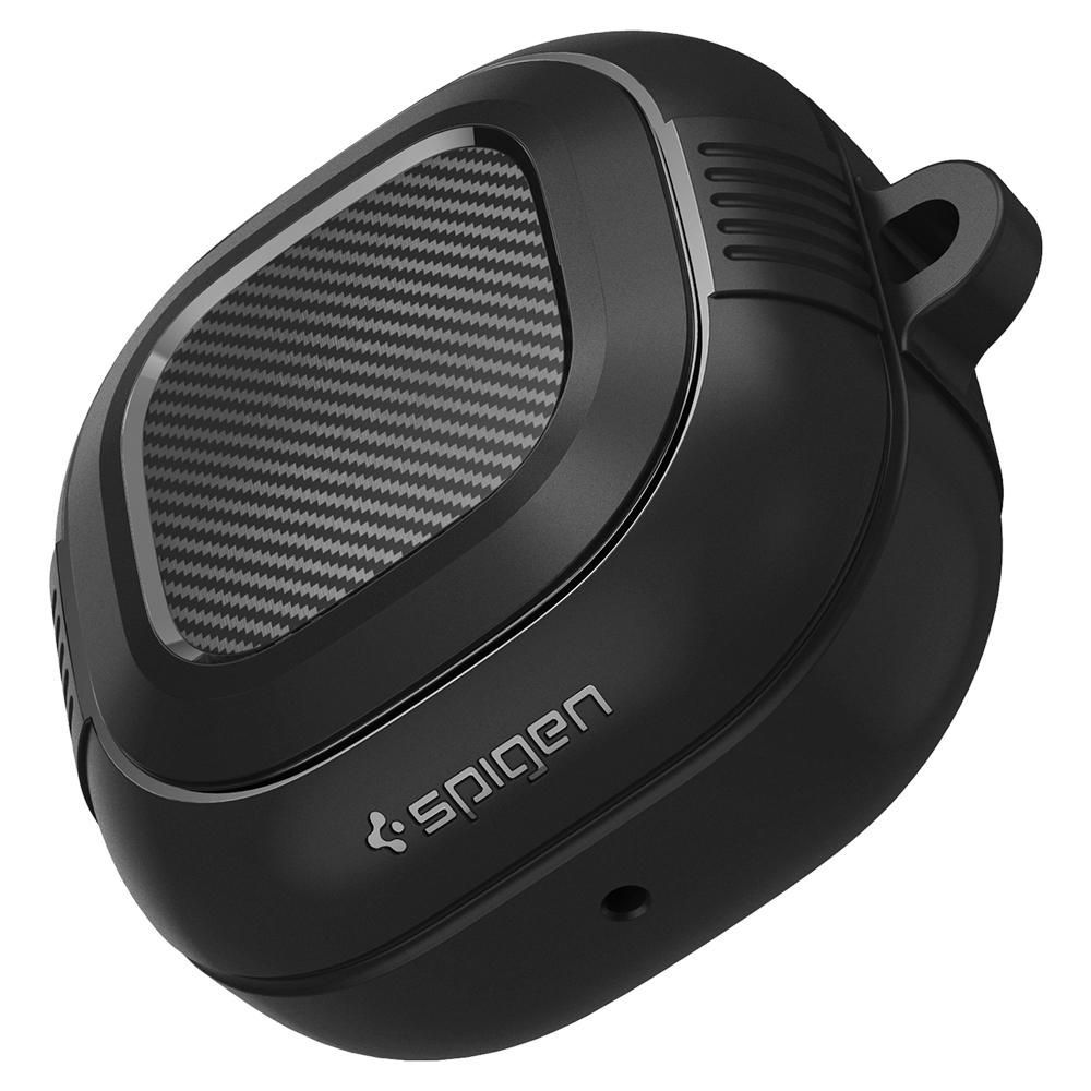 Custodia nera con inserto a fantasia carbonio e logo Spigen.