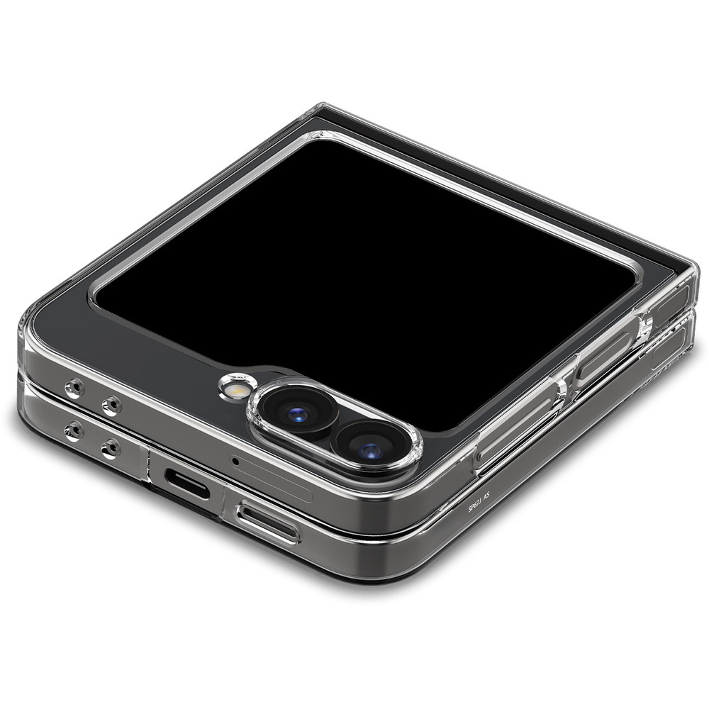 Una custodia trasparente per smartphone pieghevole, vista dall'alto.