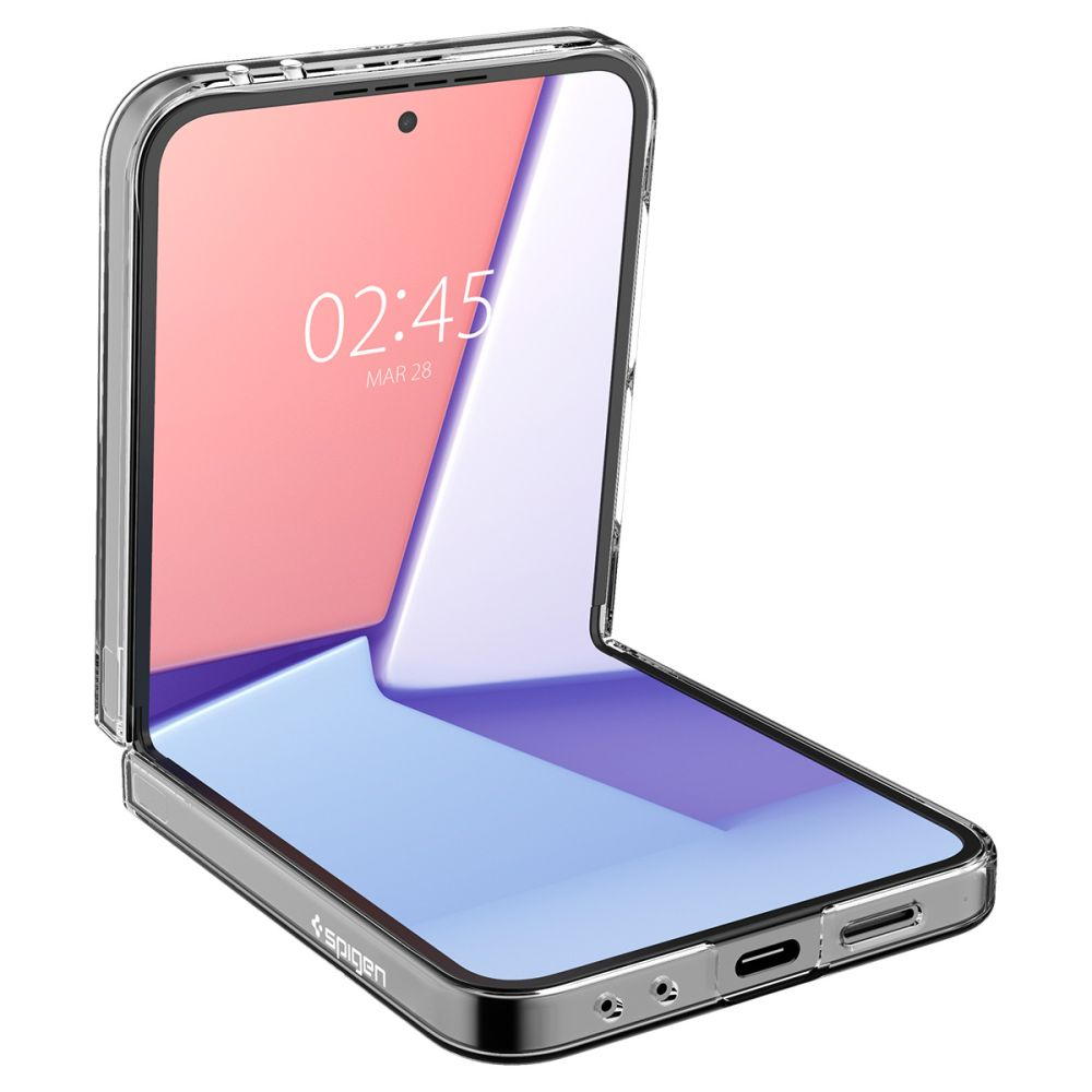 Una custodia trasparente per smartphone pieghevole, su sfondo bianco.