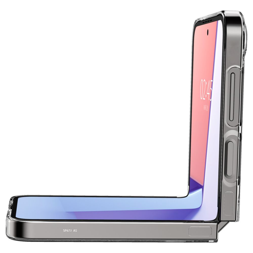 Un telefono flip trasparente mostrato di lato su sfondo bianco.