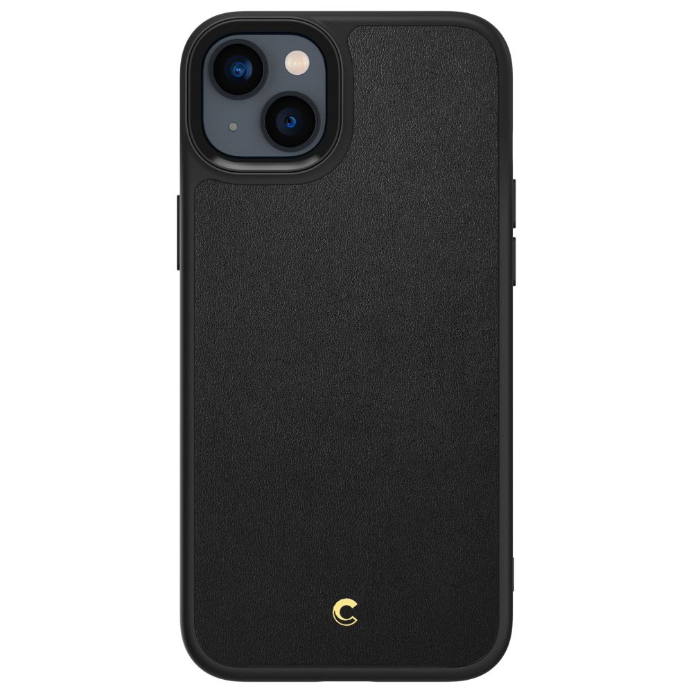 Custodia nera per telefono con logo C dorato e due fotocamere posteriori.