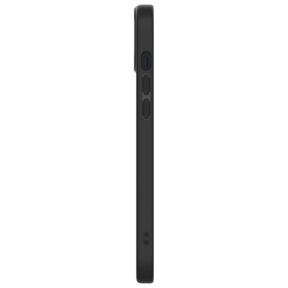Una custodia nera per iPhone 15 Pro Max, vista dal lato sinistro, su sfondo bianco.