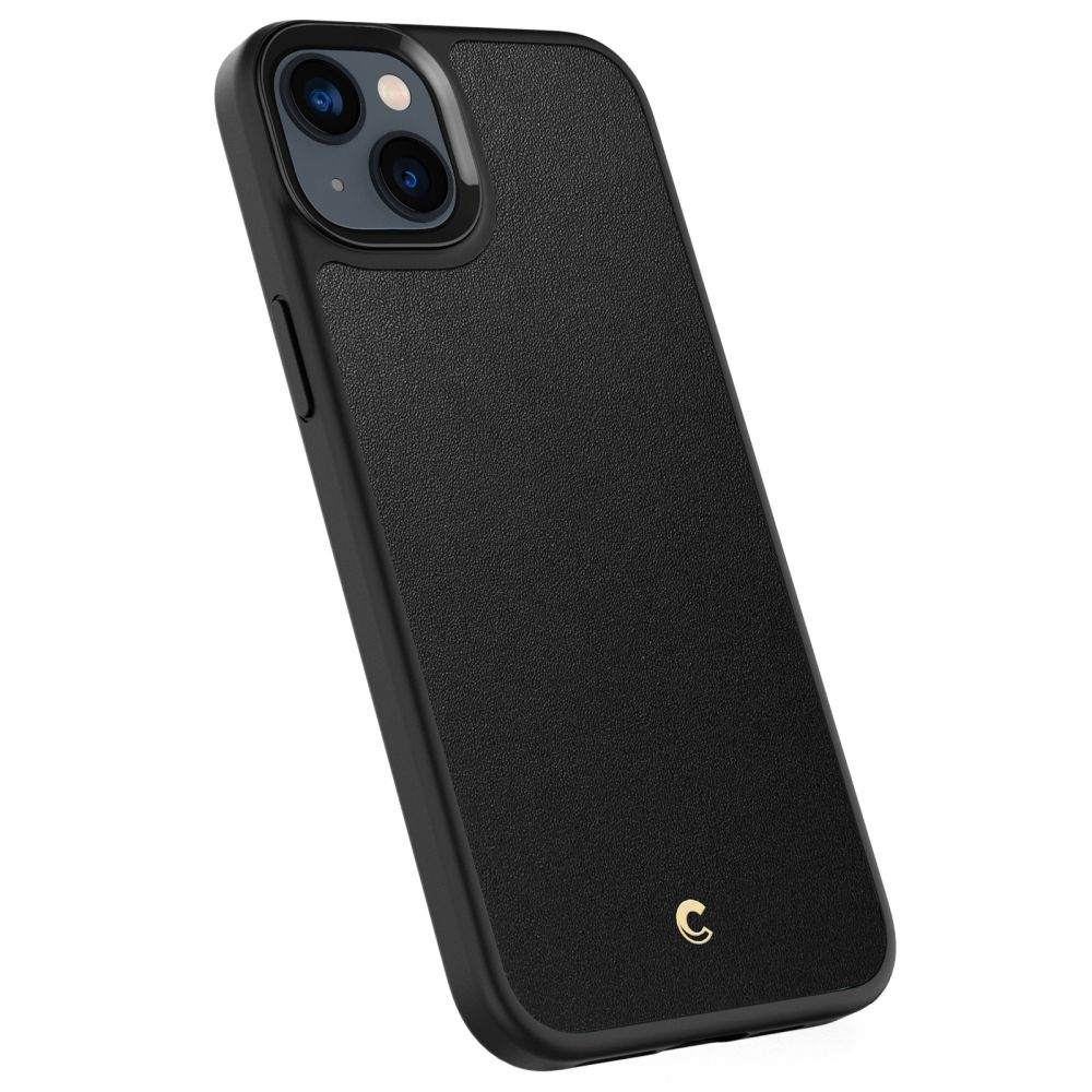 Una custodia nera per iPhone 14 Pro con finitura testurizzata e logo dorato.