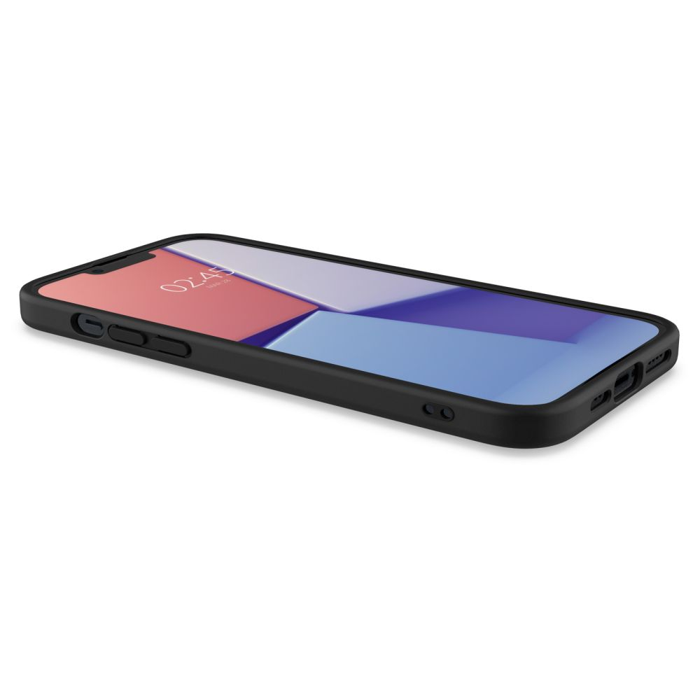 Custodia nera per telefono con un telefono che mostra uno sfondo astratto colorato.