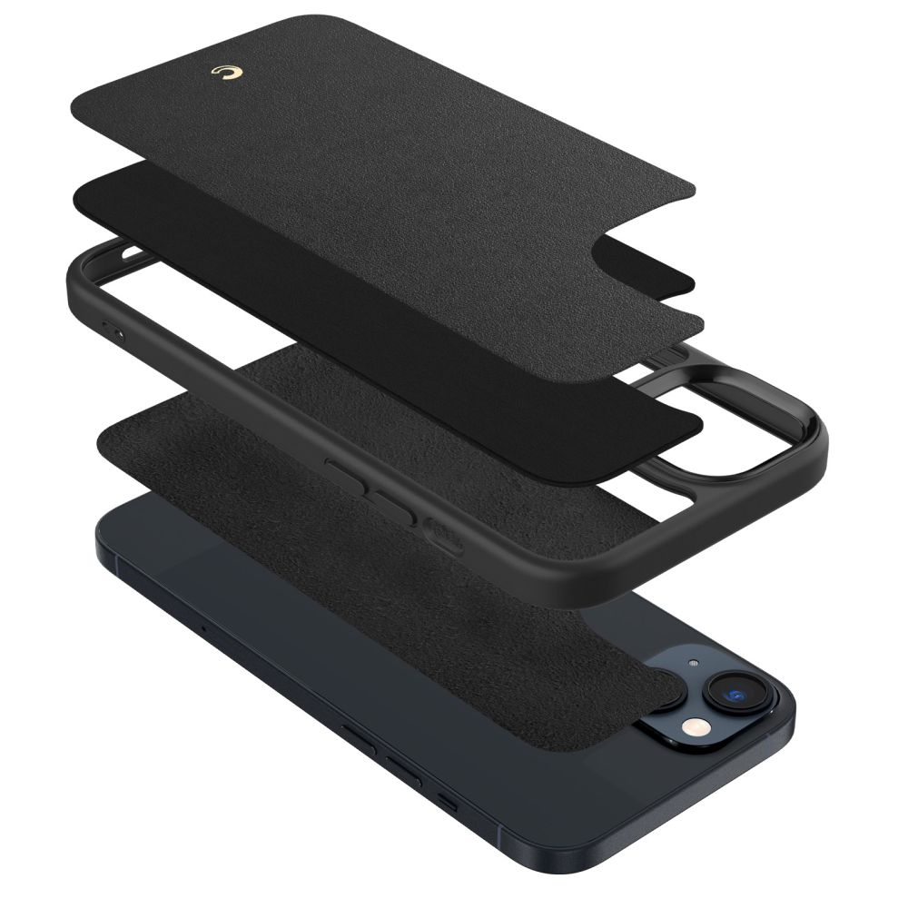 Vista esplosa di un set di cover per telefono nera su uno smartphone scuro.