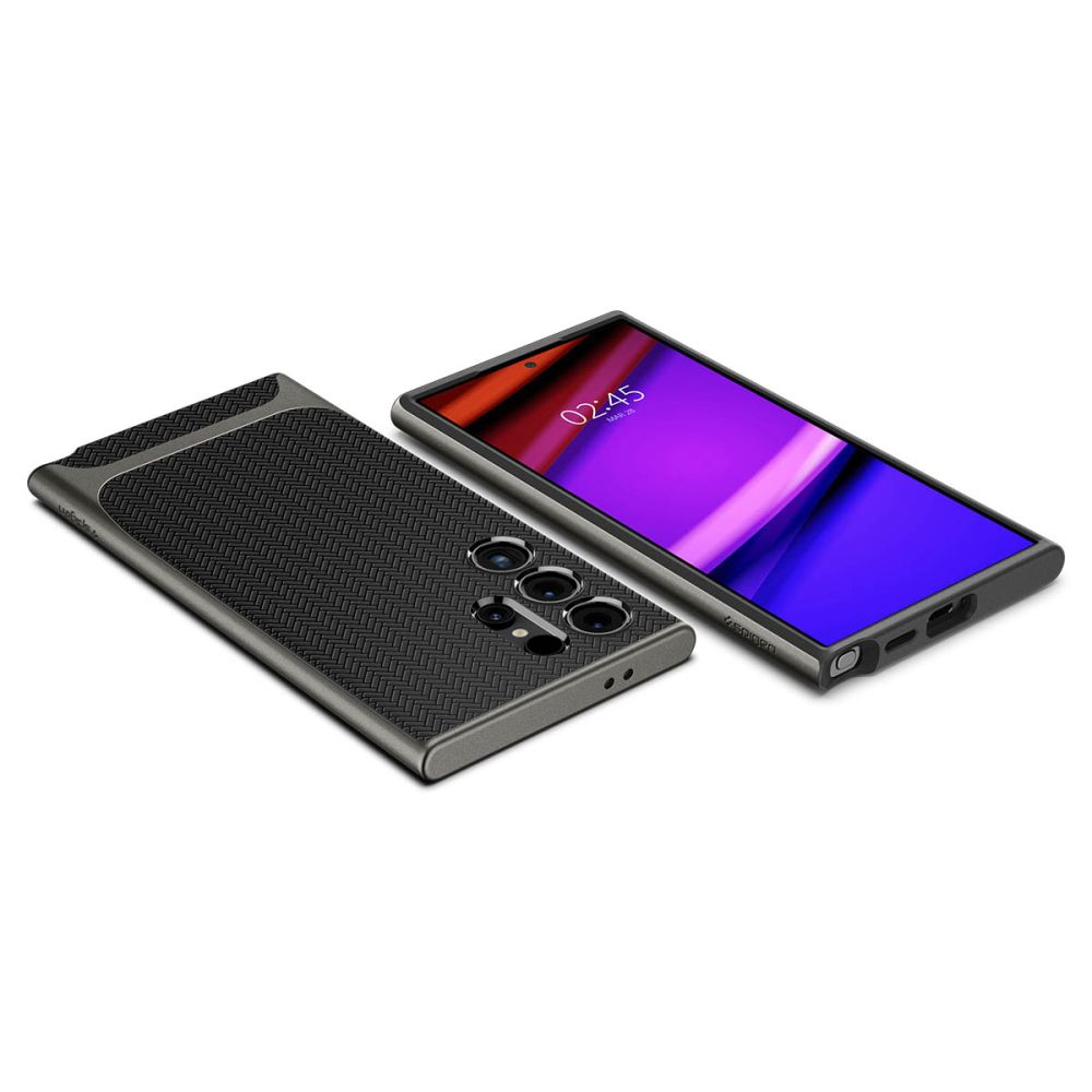 Custodia grigio scuro testurizzata e smartphone con sfondo viola e rosso.