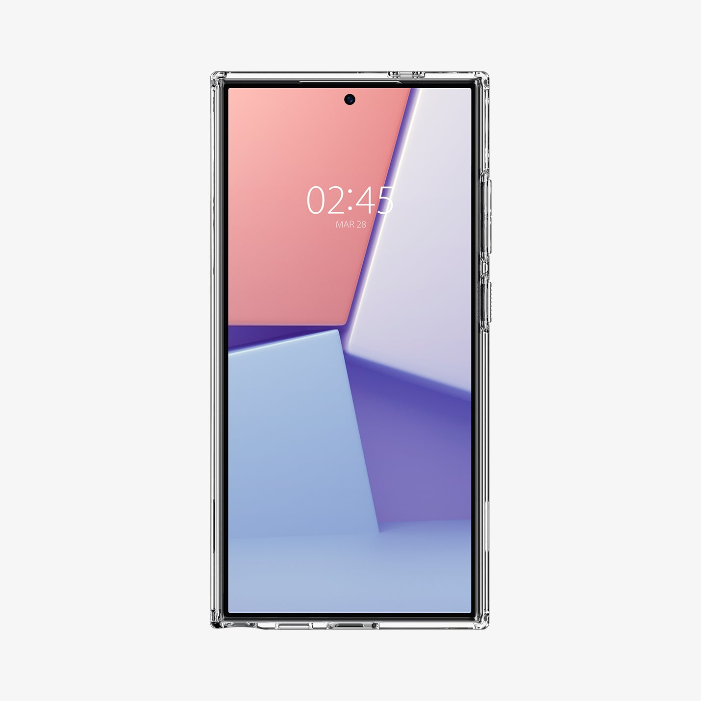 Una custodia trasparente per telefono che mostra un display con le 02:45.
