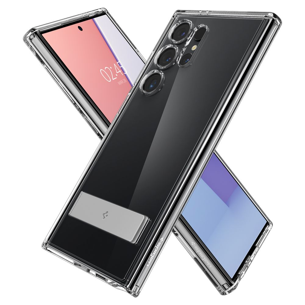 Custodia trasparente con cavalletto integrato, appoggiata su due smartphone.