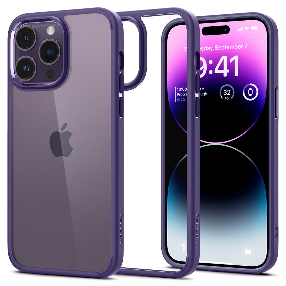 Una cover viola per iPhone che mostra il retro e lo schermo.