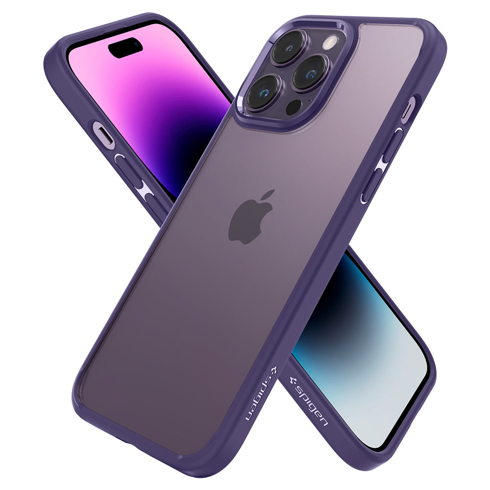Custodia viola per iPhone con retro trasparente e tre fotocamere.