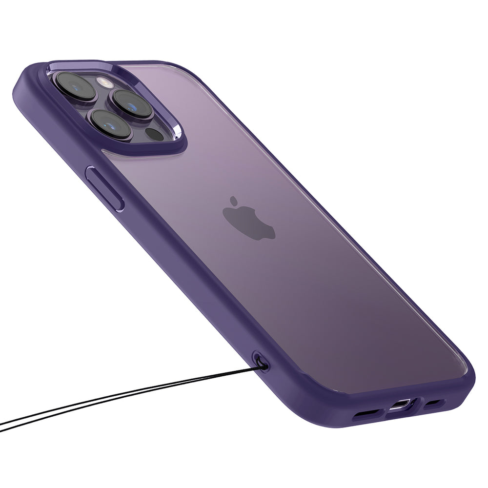 Custodia viola per iPhone con retro trasparente e blocco fotocamera.