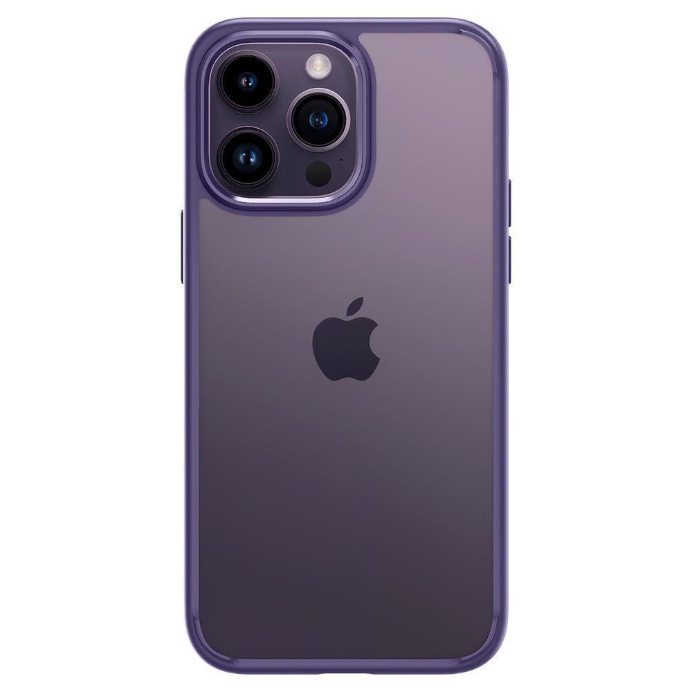 iPhone viola con logo Apple e modulo fotocamera su sfondo bianco.
