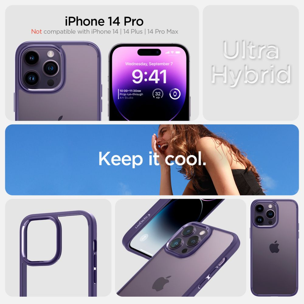Custodia viola iPhone 14 Pro, ora 9:41, Spigen Ultra Hybrid.