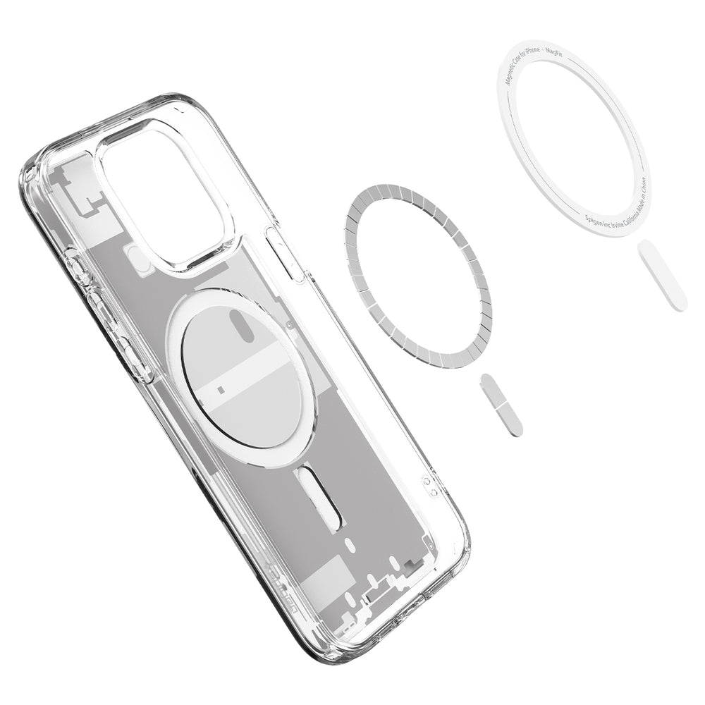 Una custodia trasparente per telefono con un attacco magnetico circolare sul retro, mostrata con anelli e barre magnetiche separate.