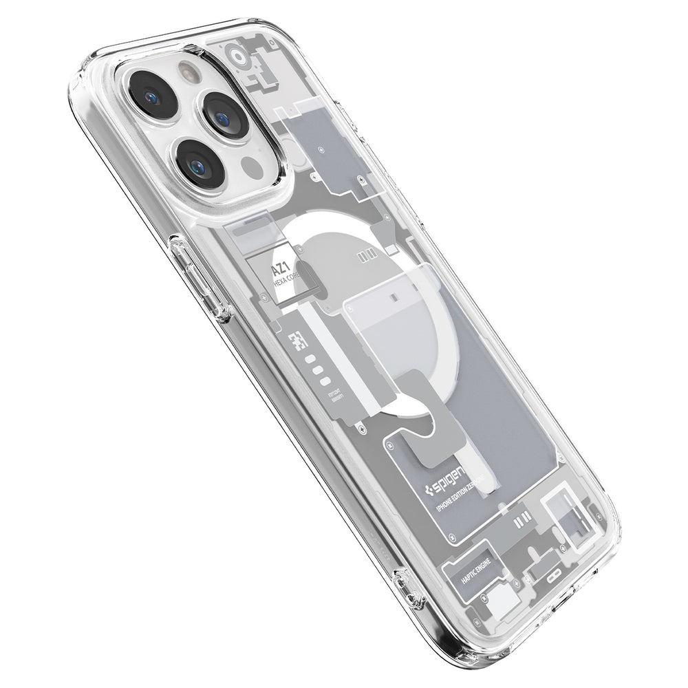 Custodia trasparente per telefono con design interno schematico, mostra fotocamera e MagSafe.