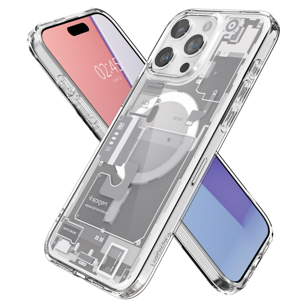 Custodia trasparente che mostra i componenti dell'iPhone. Due iPhone sullo sfondo.