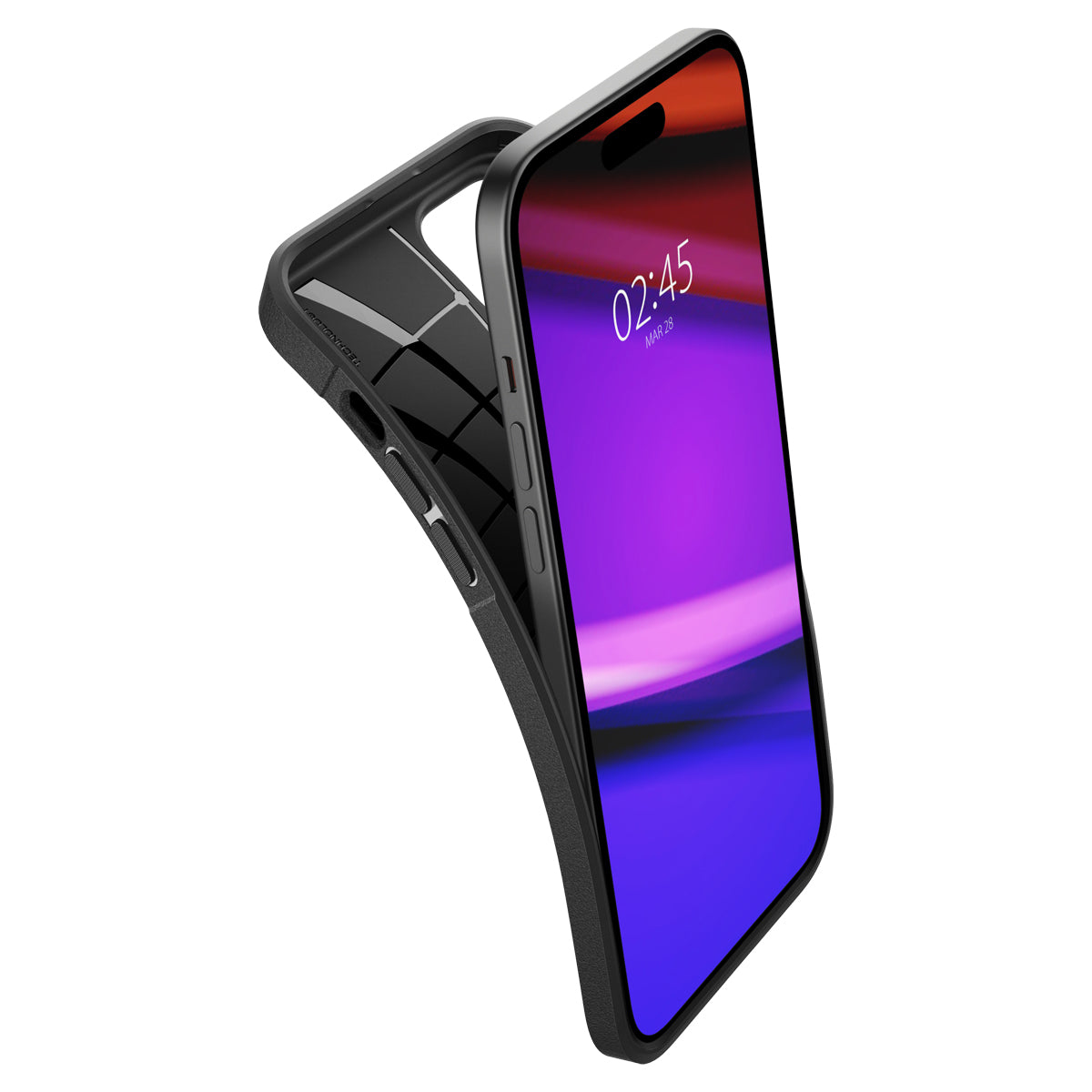 Uno smartphone nero con una custodia sovrapposta. Lo schermo mostra le 02:45.
