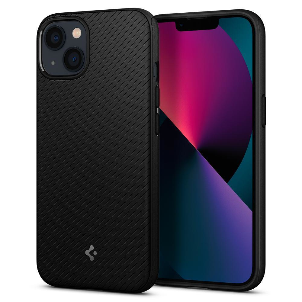 Custodia nera per telefono con motivo a linee diagonali accanto a uno smartphone con schermo rosa e viola.